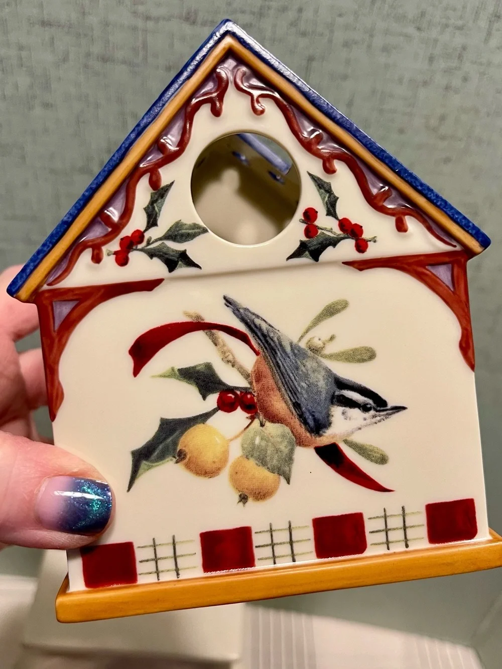 VINTAGE Lenox Winter Greetings Ceramic Votive Holder NUTHATCH BIRD EUC